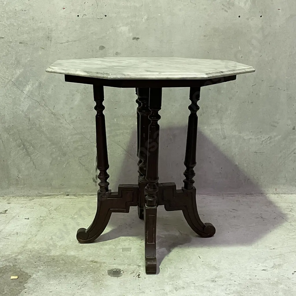 Antique Solid Wood Carved Quad base table with mottled grey removable marble top (marble has repair) H76 Dia76cm Image 1++
