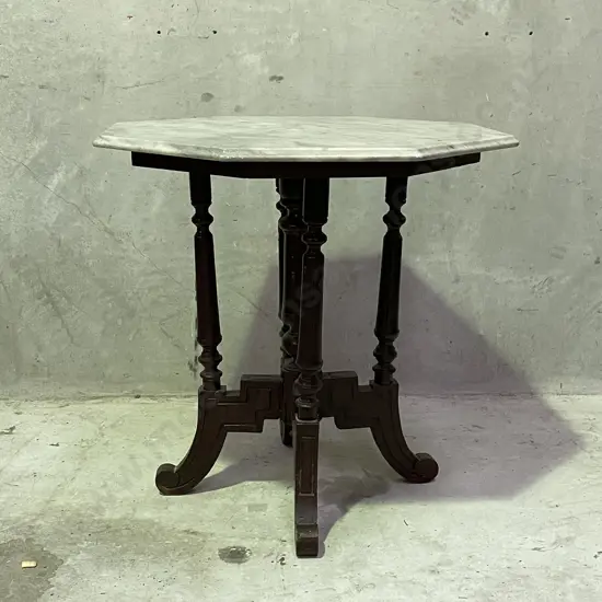 Antique Solid Wood Carved Quad base table with mottled grey removable marble top (marble has repair) H76 Dia76cm