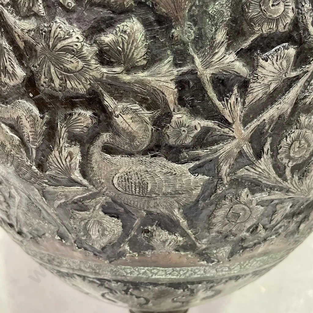 Very Large Brass and copper Floor Vase. Intricately carved relief bird and floral decoration. H96 Dia40 at widest part. Image 1++