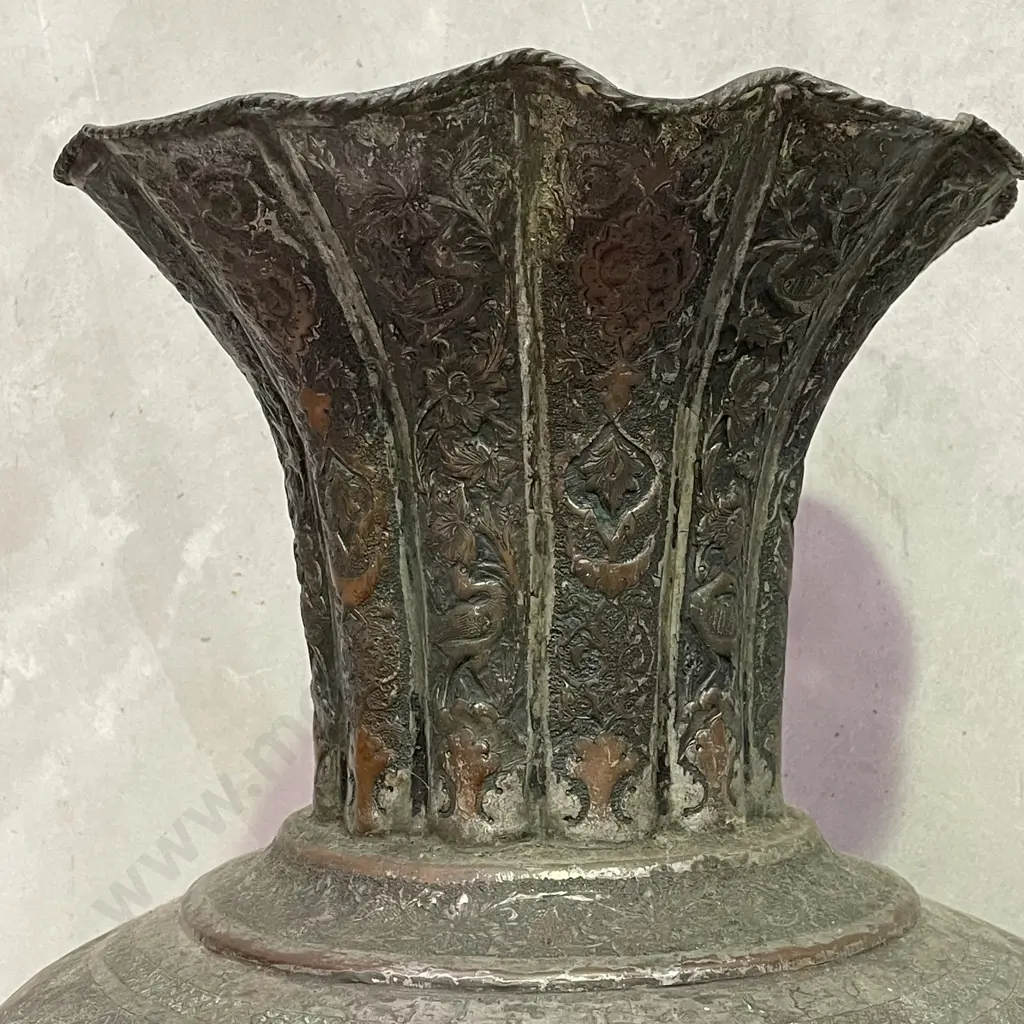 Very Large Brass and copper Floor Vase. Intricately carved relief bird and floral decoration. H96 Dia40 at widest part. Image 1++