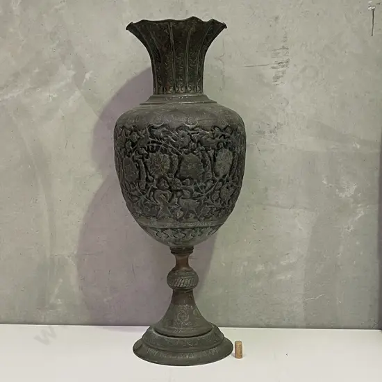 Very Large Brass and copper Floor Vase. Intricately carved relief bird and floral decoration. H96 Dia40 at widest part.