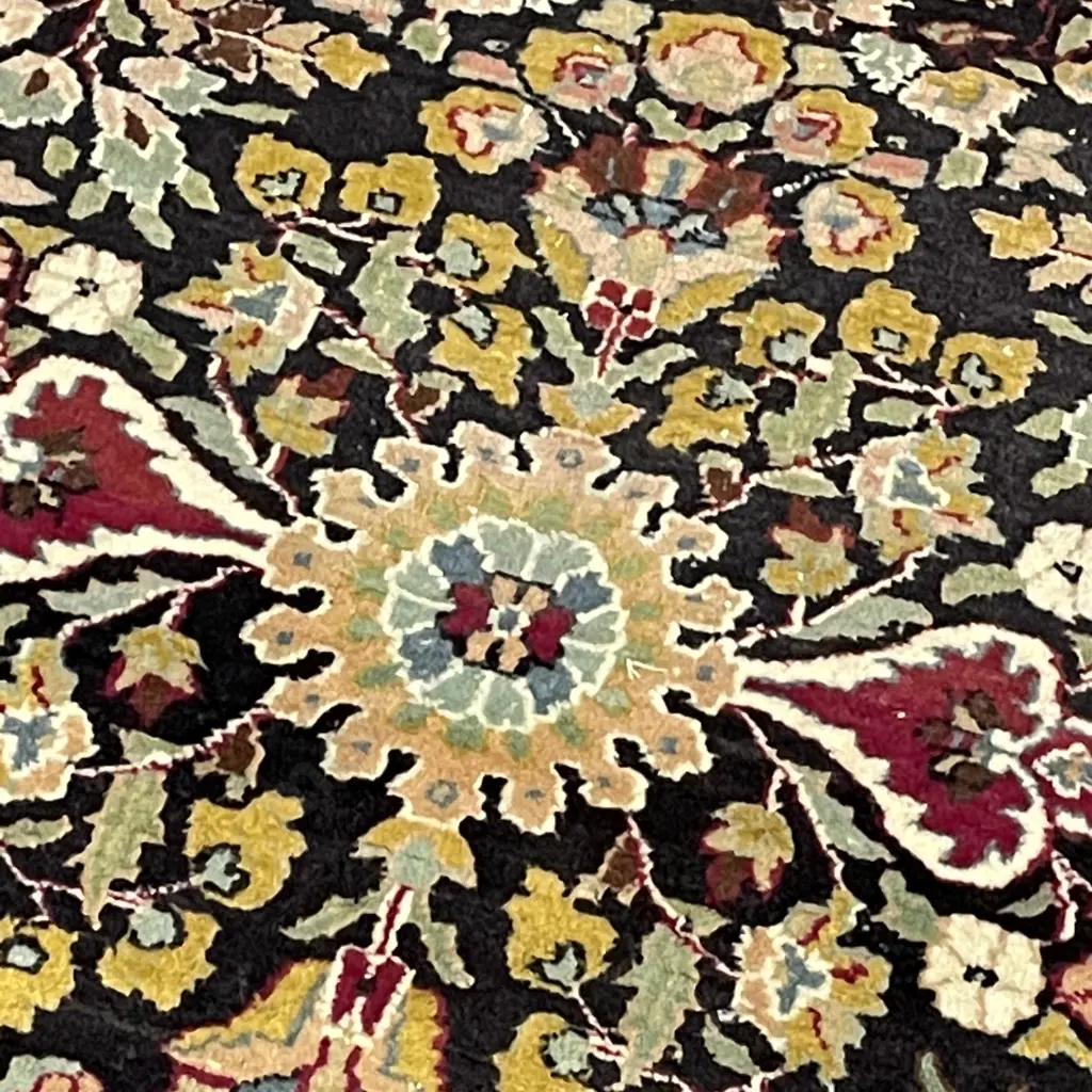 Persian Floor Rug. Black/Green/Burgundy Tones with cream fringing. 2m x 1.27m Image 1++