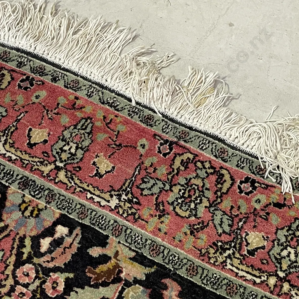 Persian Floor Rug. Black/Green/Burgundy Tones with cream fringing. 2m x 1.27m Image 1++