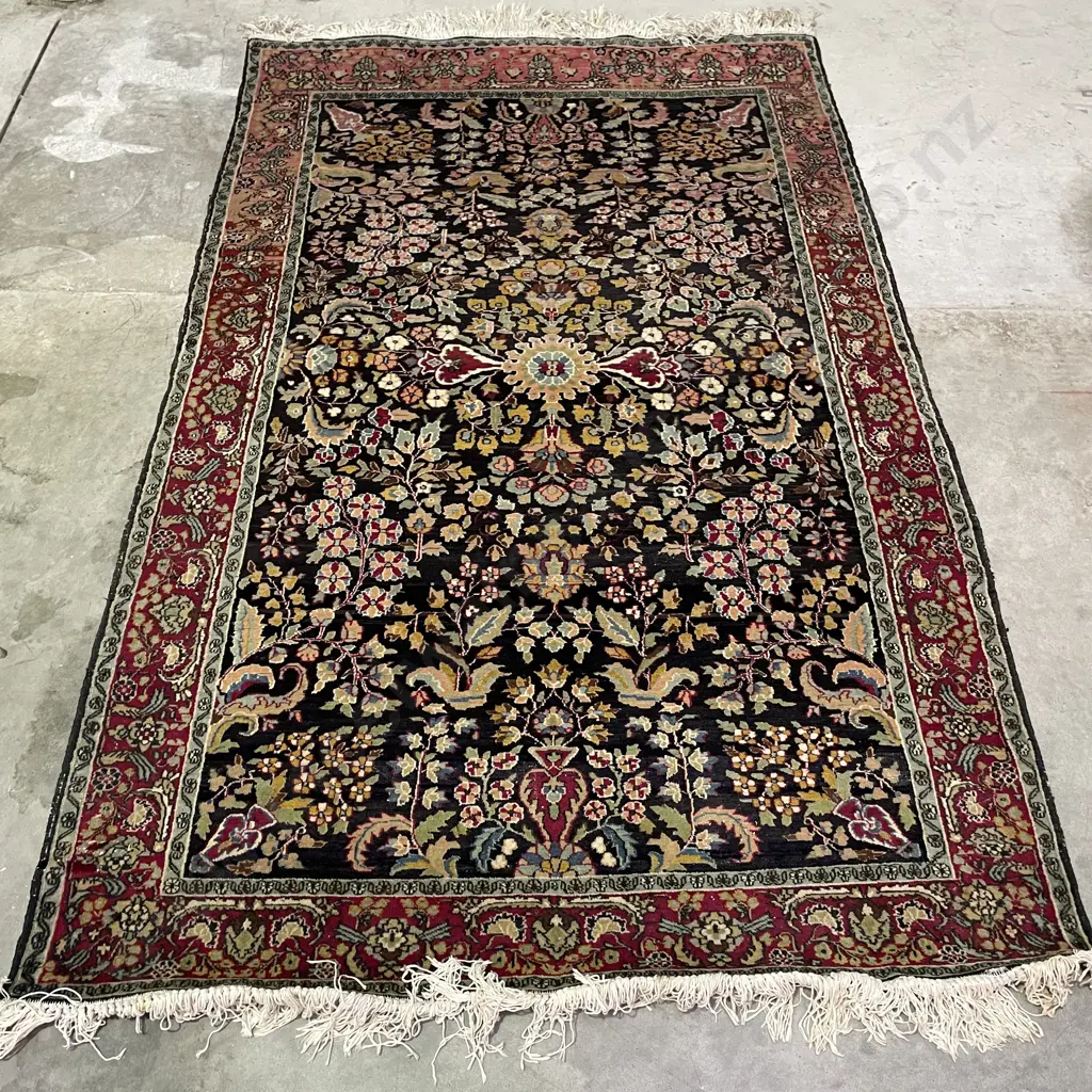 Persian Floor Rug. Black/Green/Burgundy Tones with cream fringing. 2m x 1.27m Image 1++