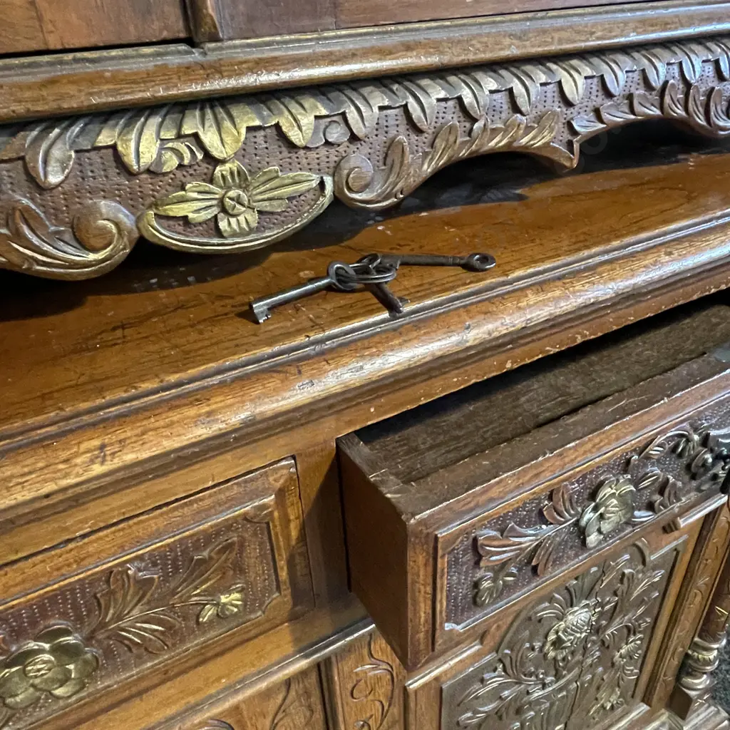 Magnificent Early 20th Century Peranakan 2 piece Solid wood (perhaps teak or oak) Cabinet. Image 1++