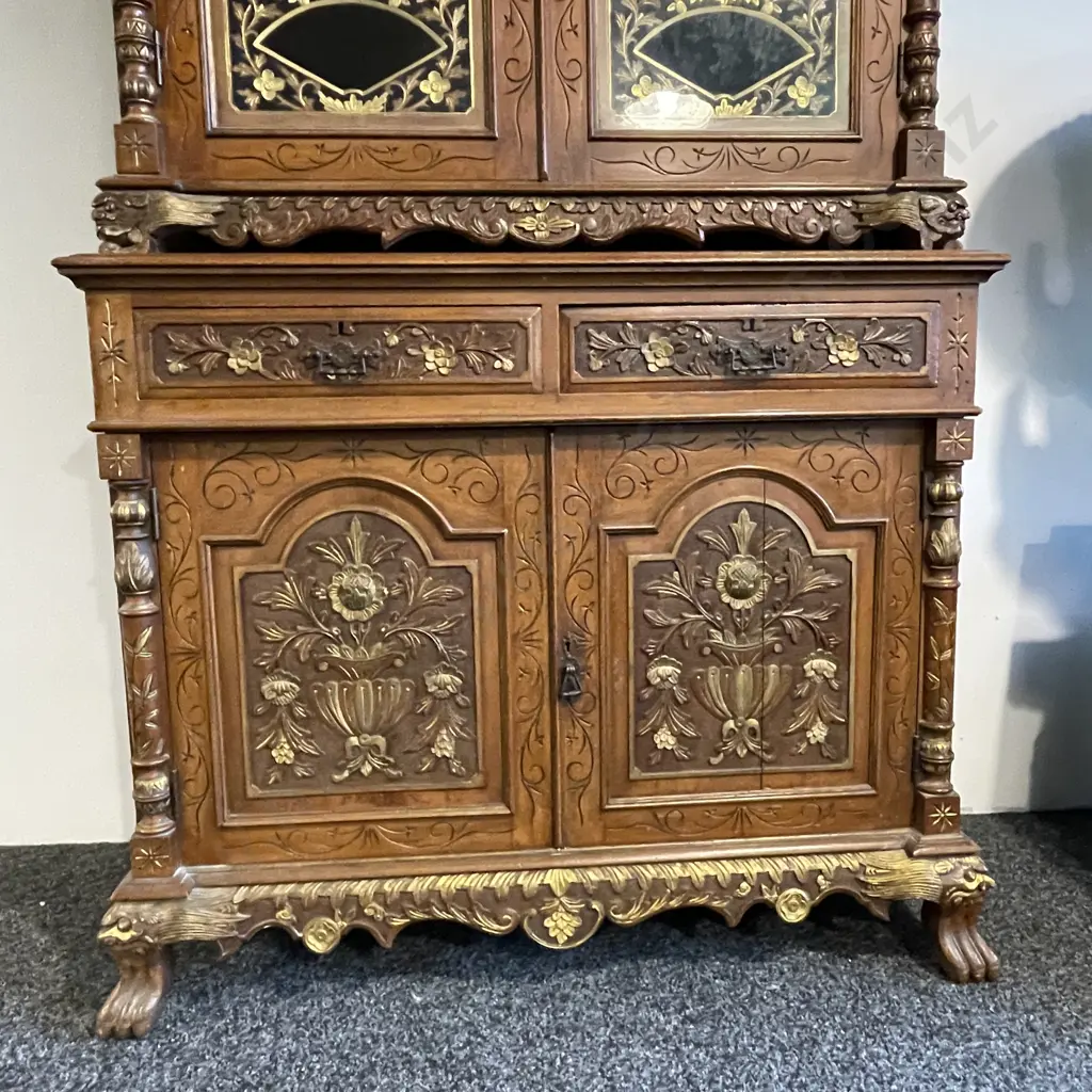 Magnificent Early 20th Century Peranakan 2 piece Solid wood (perhaps teak or oak) Cabinet. Image 1++
