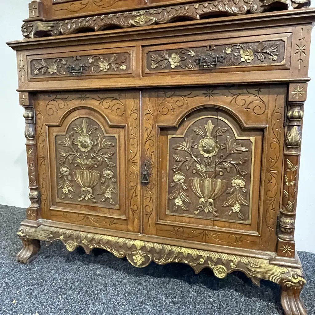 Magnificent Early 20th Century Peranakan 2 piece Solid wood (perhaps teak or oak) Cabinet. Image 1++