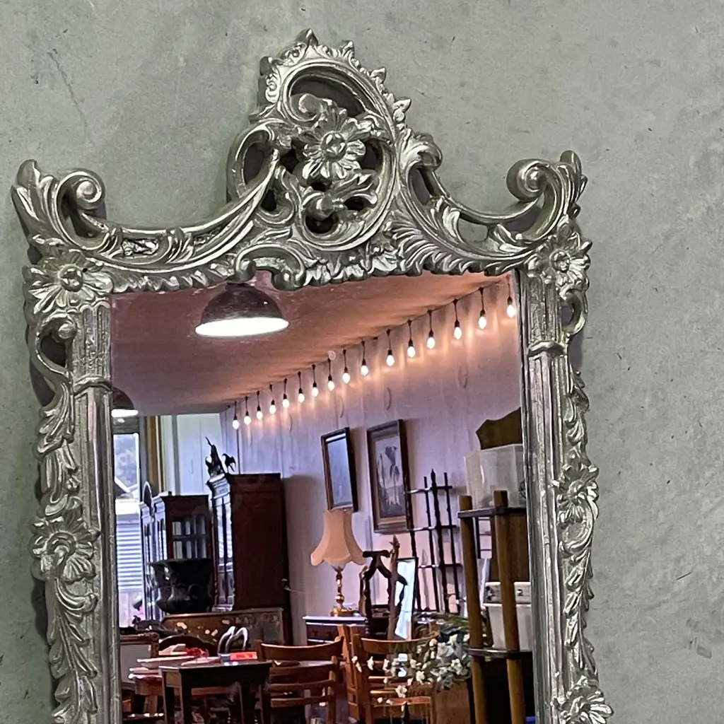 Ornate Cast Rectangular Mirror. Silverene finish. Intricate detail. 151cm x 58cm Image 1++