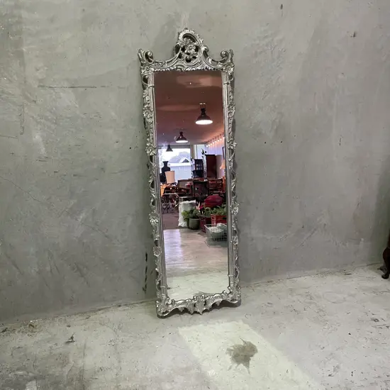 Ornate Cast Rectangular Mirror. Silverene finish. Intricate detail. 151cm x 58cm