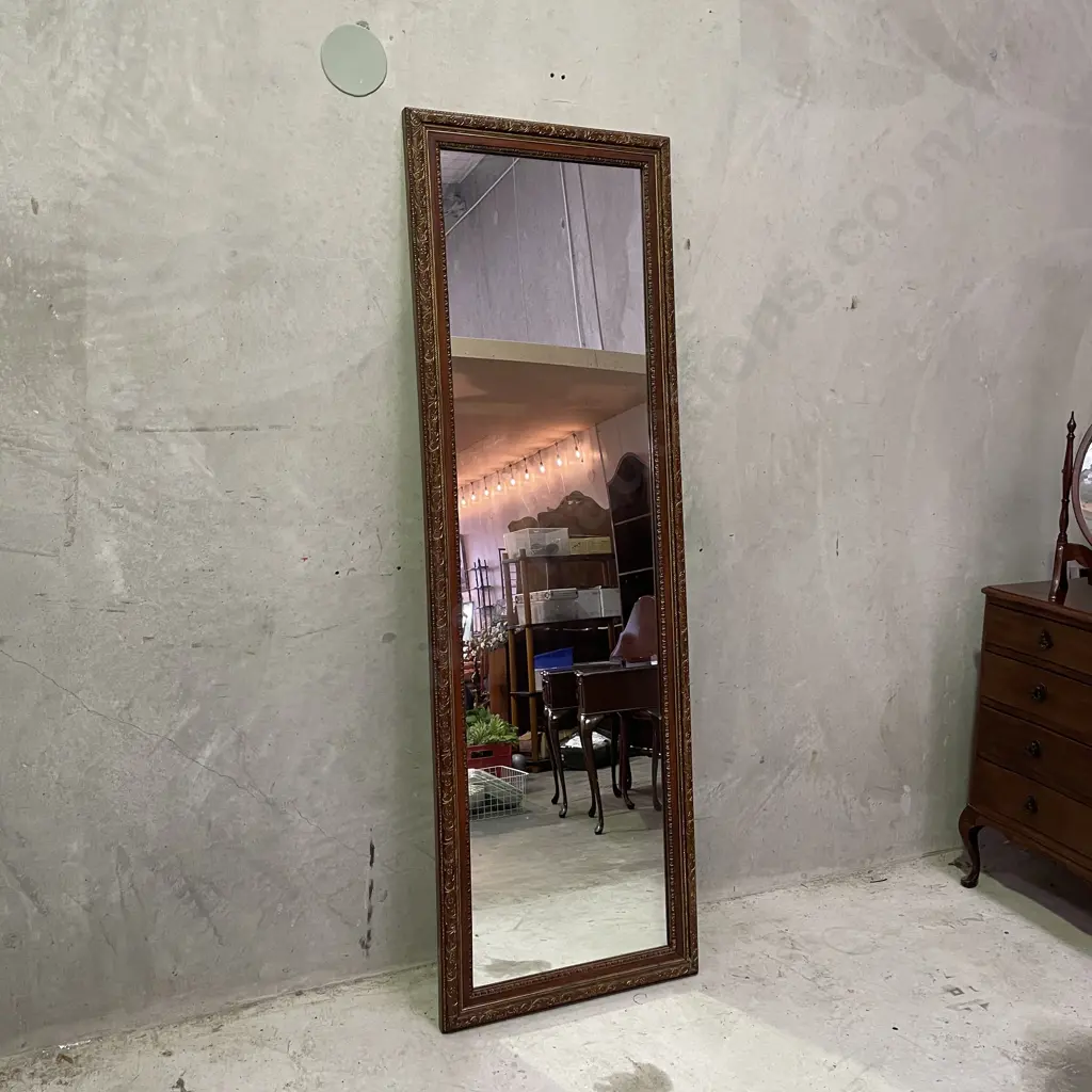 Large Vintage Solid Wood Framed Mirror. Carved and gilded frame detail. 194 x 63cm Image 1++