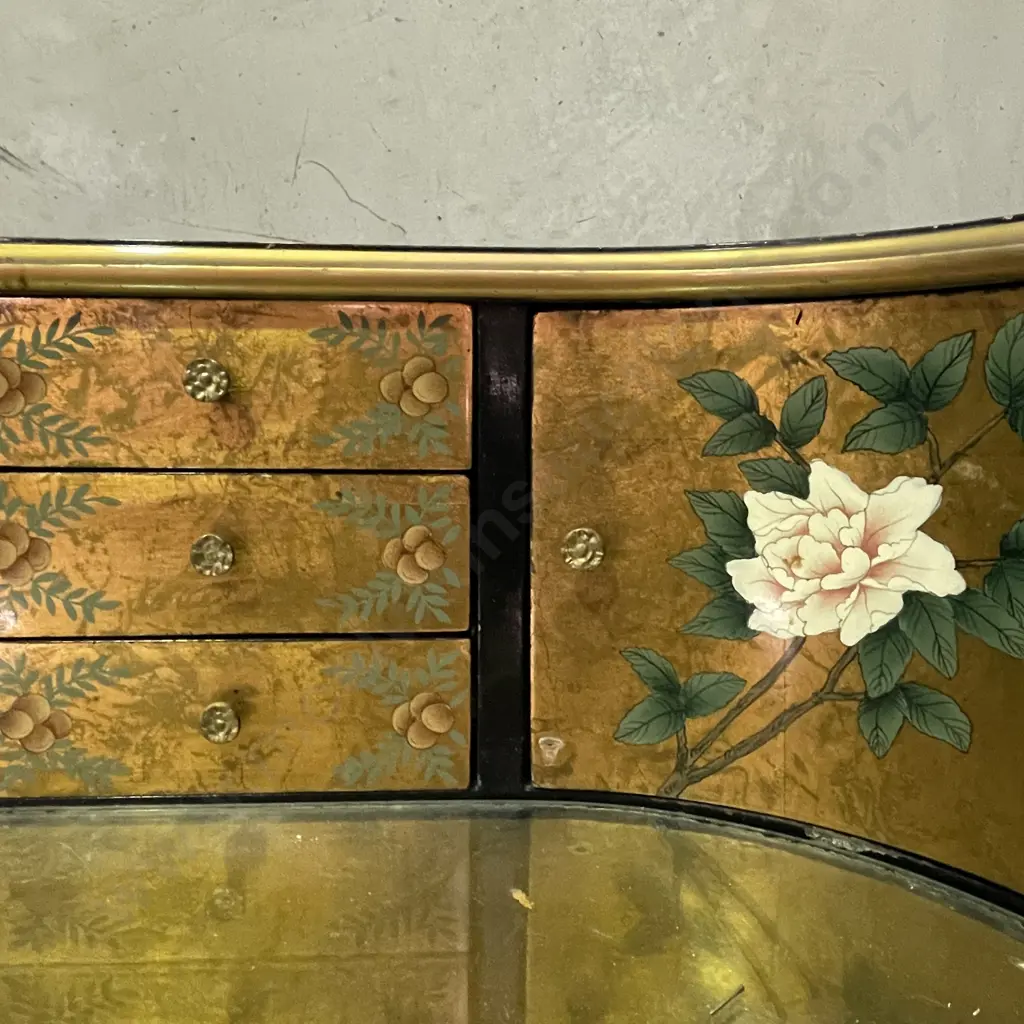 Absolutely Stunning Rare Writing Desk. Gold leaf Gilded and lacquered wood with handpainted birds and flowers. Image 1++