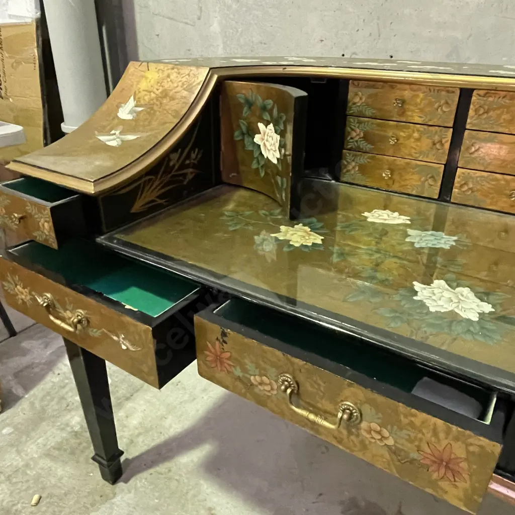 Absolutely Stunning Rare Writing Desk. Gold leaf Gilded and lacquered wood with handpainted birds and flowers. Image 1++