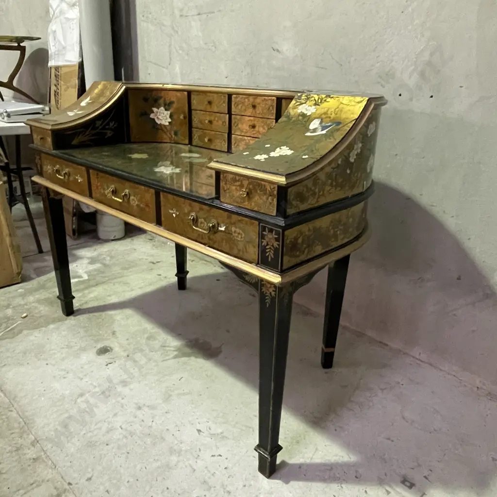 Absolutely Stunning Rare Writing Desk. Gold leaf Gilded and lacquered wood with handpainted birds and flowers. Image 1++
