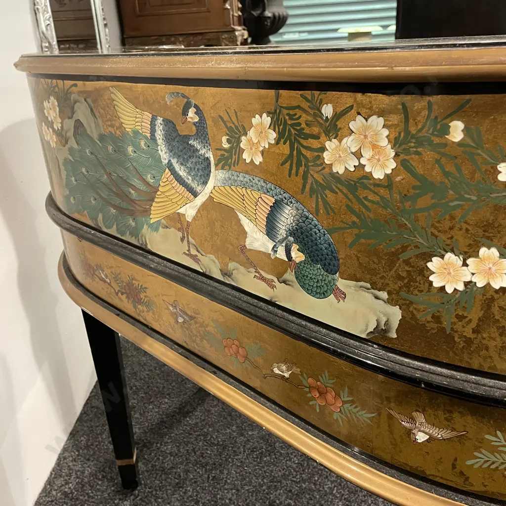 Absolutely Stunning Rare Writing Desk. Gold leaf Gilded and lacquered wood with handpainted birds and flowers. Image 1++