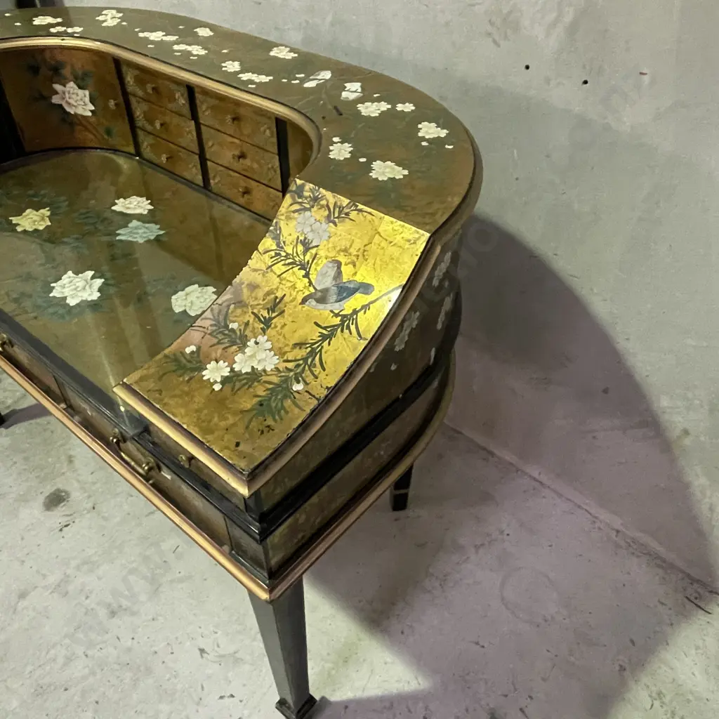Absolutely Stunning Rare Writing Desk. Gold leaf Gilded and lacquered wood with handpainted birds and flowers. Image 1++