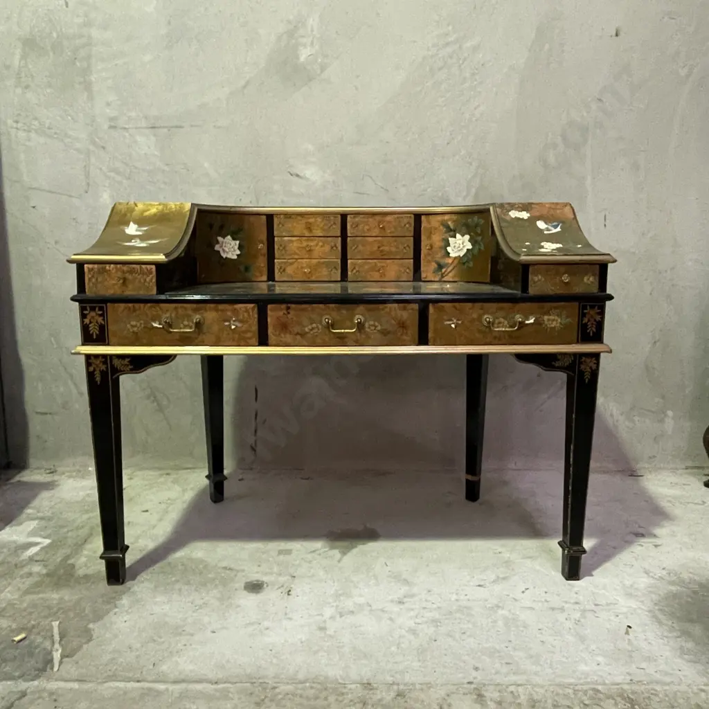 Absolutely Stunning Rare Writing Desk. Gold leaf Gilded and lacquered wood with handpainted birds and flowers. Image 1++