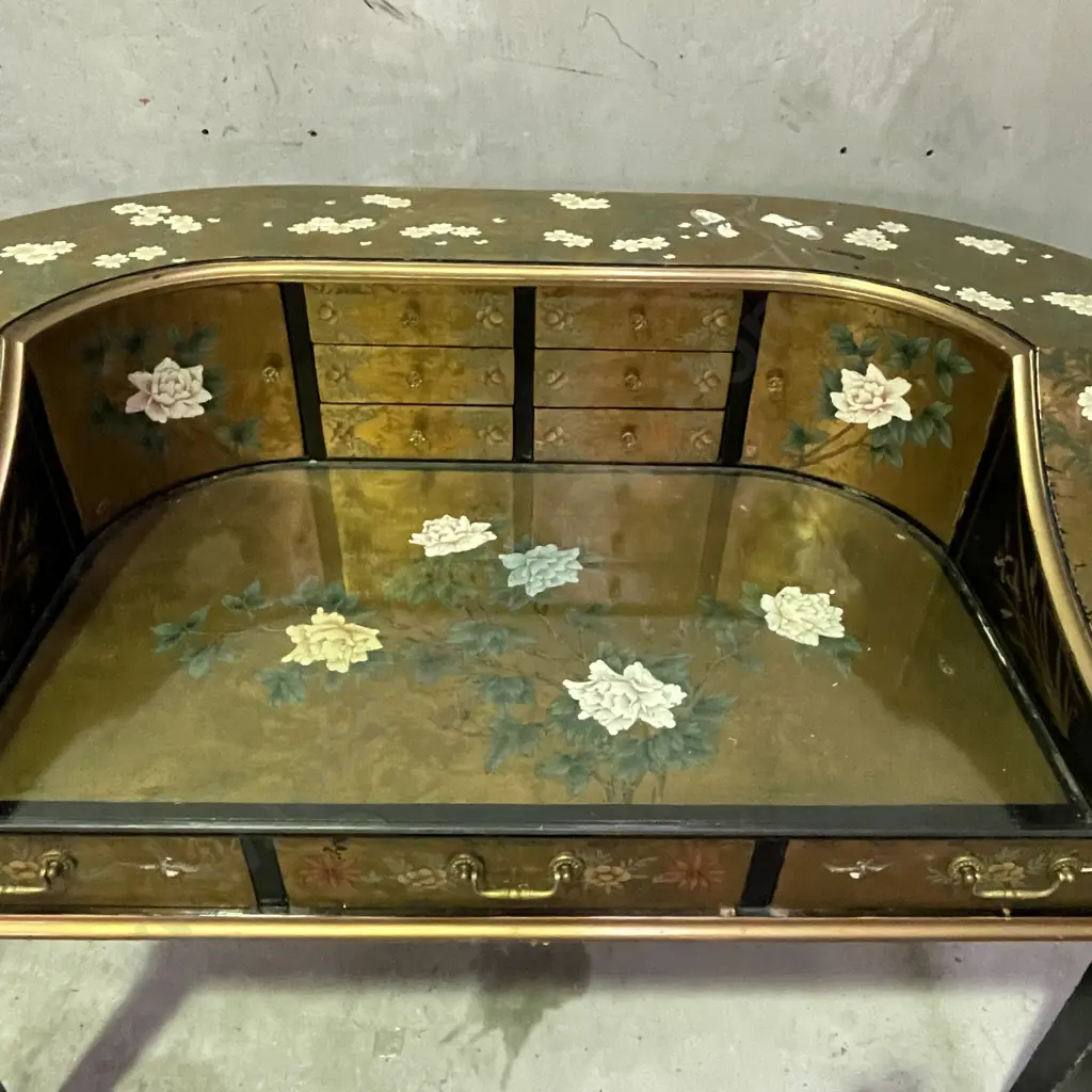 Absolutely Stunning Rare Writing Desk. Gold leaf Gilded and lacquered wood with handpainted birds and flowers. Image 1++