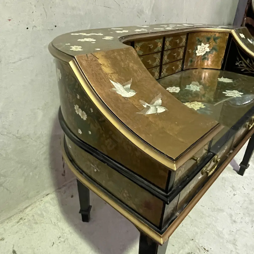 Absolutely Stunning Rare Writing Desk. Gold leaf Gilded and lacquered wood with handpainted birds and flowers. Image 1++