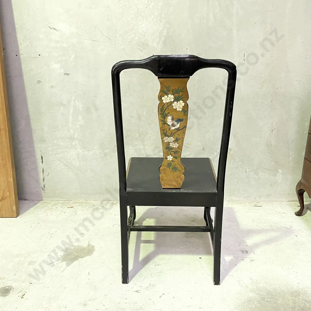 Antique Black Lacquered Writing Desk Chair. Hand Painted and gilded with flowers and birds Image 1++