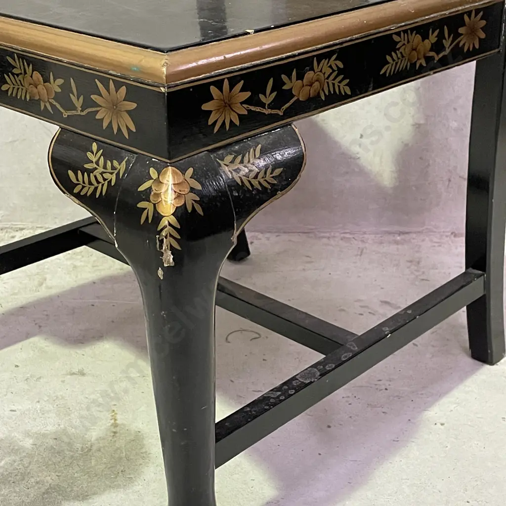 Antique Black Lacquered Writing Desk Chair. Hand Painted and gilded with flowers and birds Image 1++