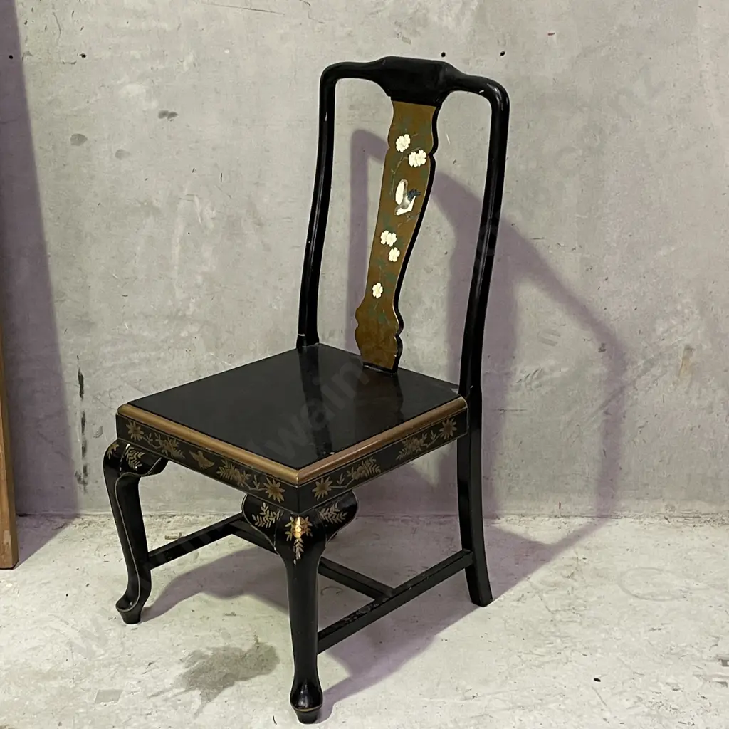 Antique Black Lacquered Writing Desk Chair. Hand Painted and gilded with flowers and birds Image 1++
