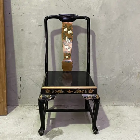 Antique Black Lacquered Writing Desk Chair. Hand Painted and gilded with flowers and birds