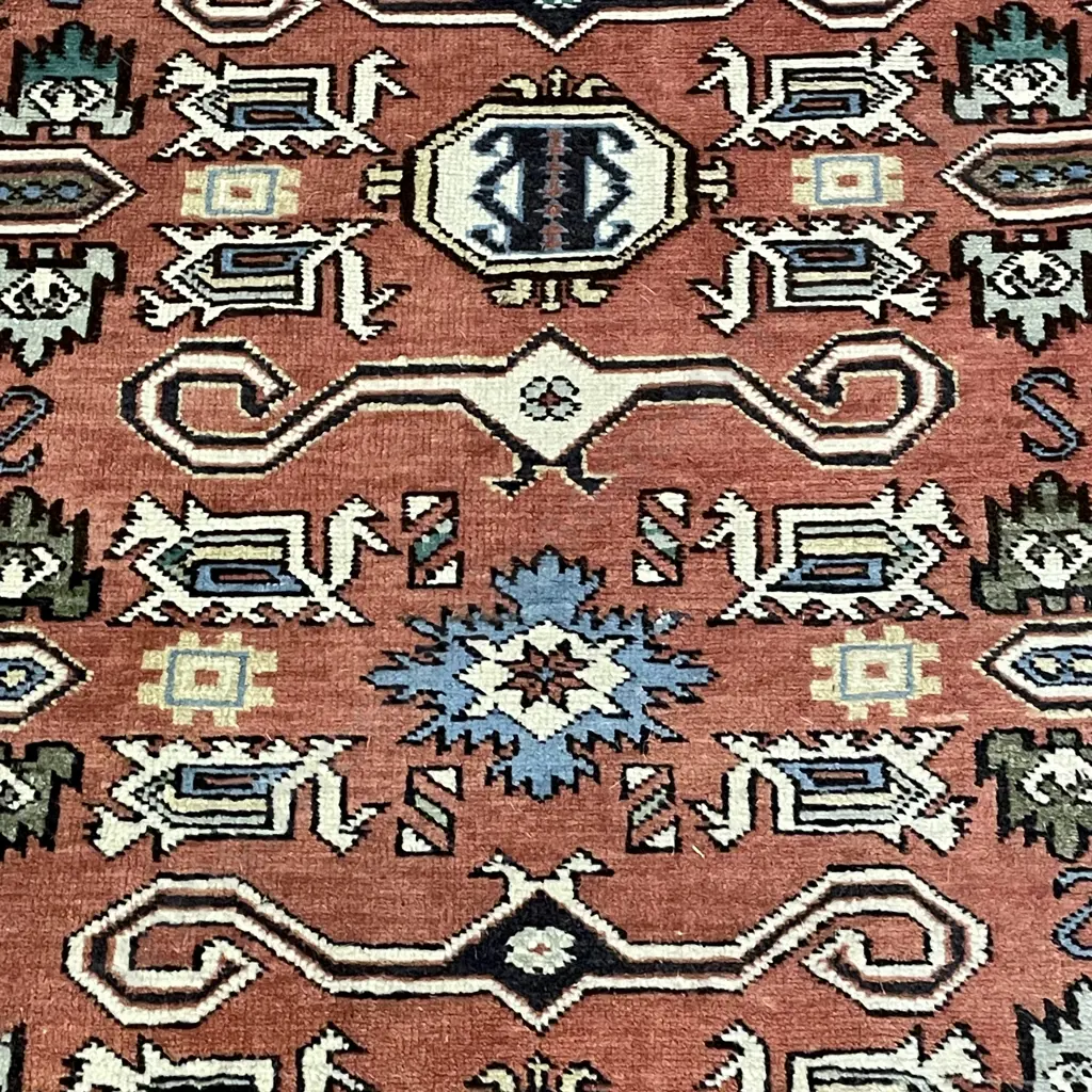 Persian Floor Rug. Avocado/Teal/Rust/Cream Tones with cream fringing (af to fringe). 1.9m x 1.35m Image 1++