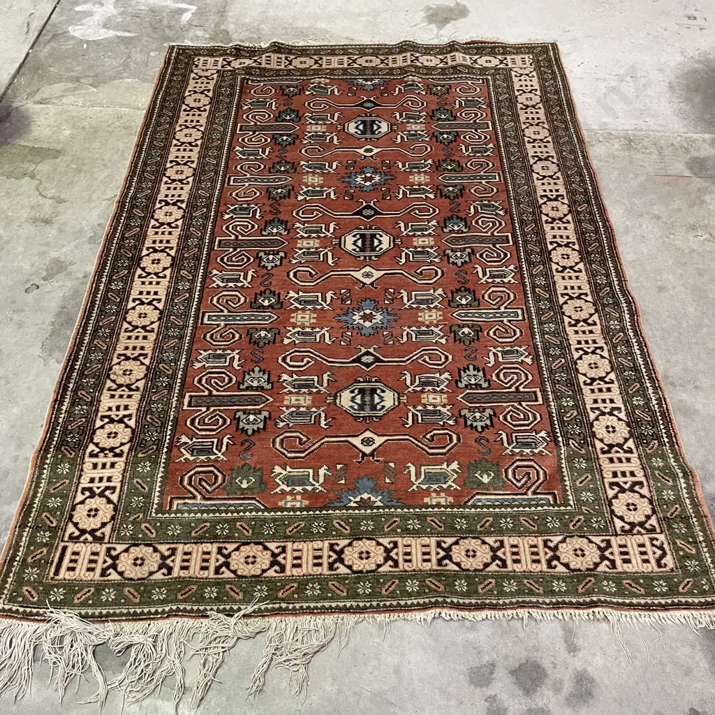 Persian Floor Rug. Avocado/Teal/Rust/Cream Tones with cream fringing (af to fringe). 1.9m x 1.35m Image 1++