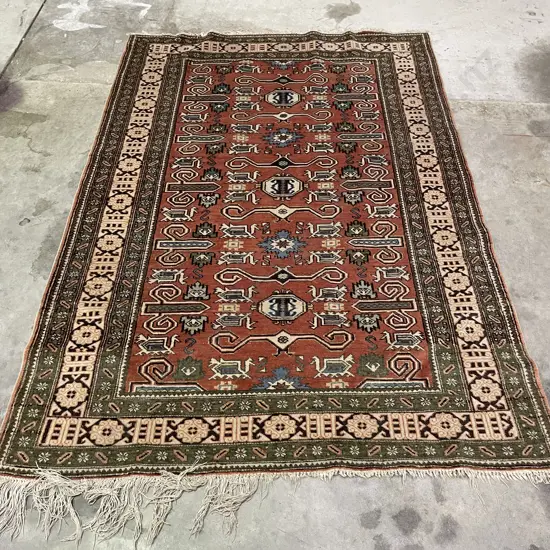 Persian Floor Rug. Avocado/Teal/Rust/Cream Tones with cream fringing (af to fringe). 1.9m x 1.35m