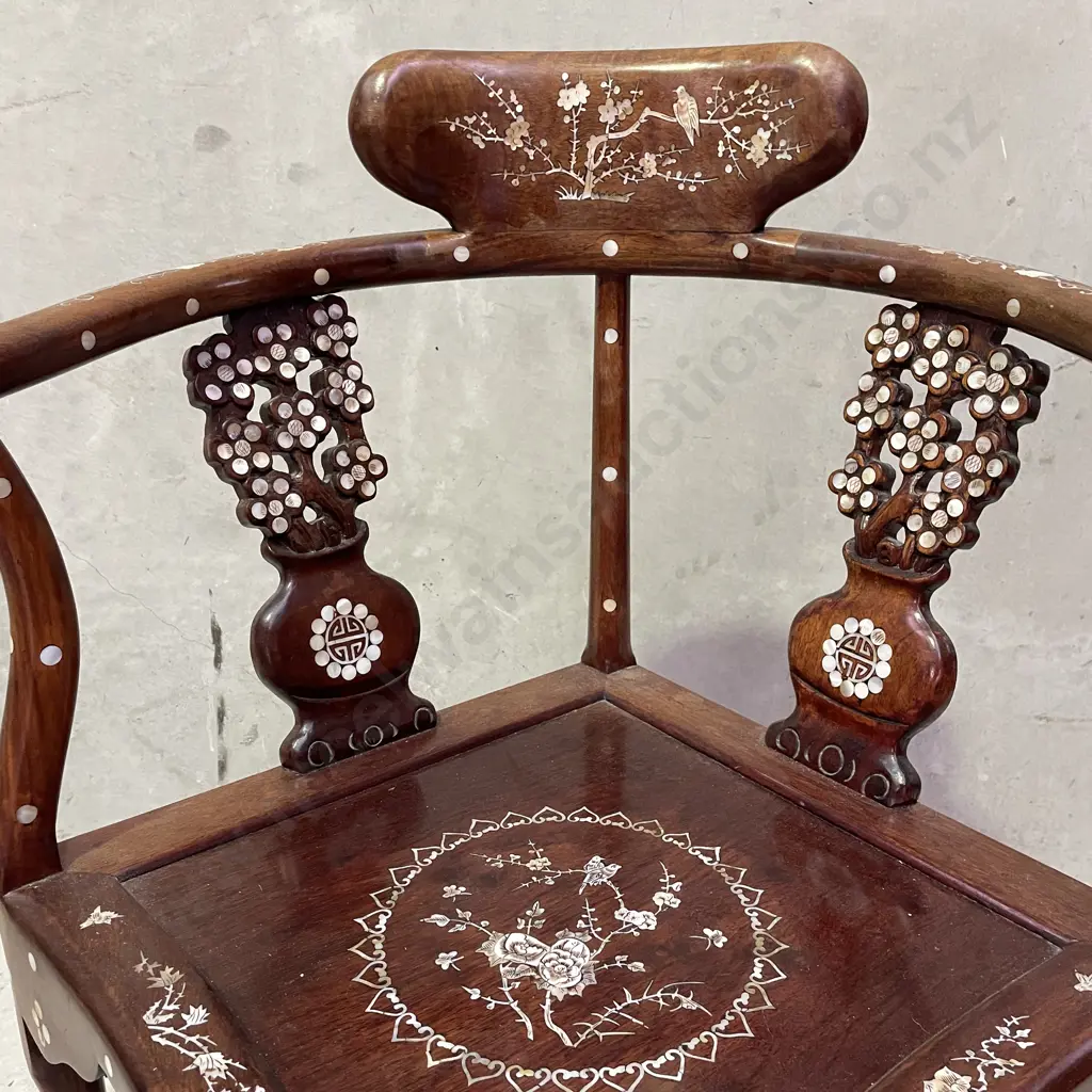 Stunning Chinese Solid Wood Corner Armchair with ornate Carved and Mother of Pearl Detail. H82 W66 D55 Image 1++