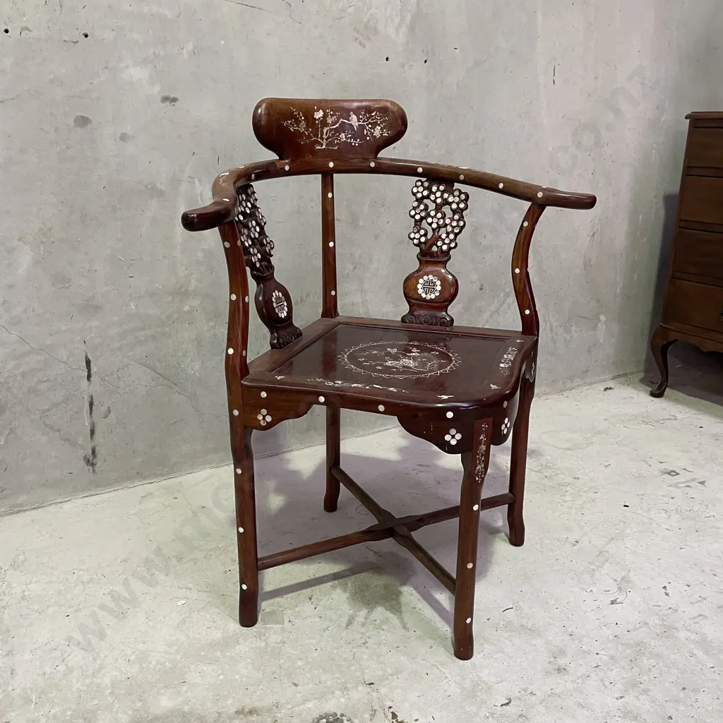 Stunning Chinese Solid Wood Corner Armchair with ornate Carved and Mother of Pearl Detail. H82 W66 D55 Image 1++