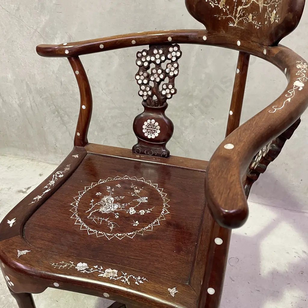 Stunning Chinese Solid Wood Corner Armchair with ornate Carved and Mother of Pearl Detail. H82 W66 D55 Image 1++