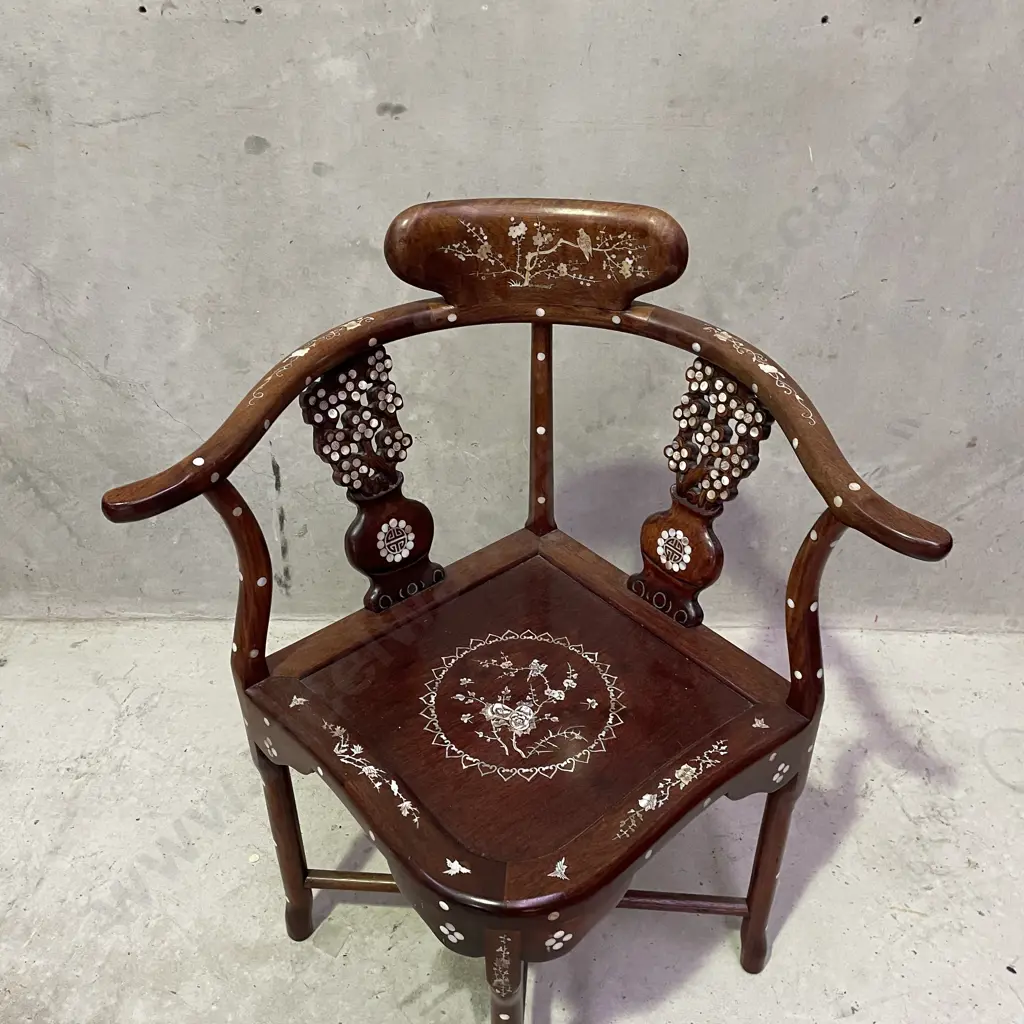 Stunning Chinese Solid Wood Corner Armchair with ornate Carved and Mother of Pearl Detail. H82 W66 D55 Image 1++