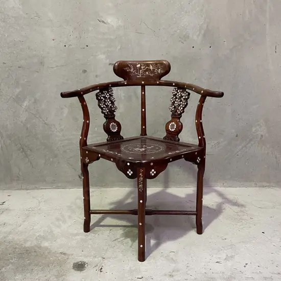 Stunning Chinese Solid Wood Corner Armchair with ornate Carved and Mother of Pearl Detail. H82 W66 D55