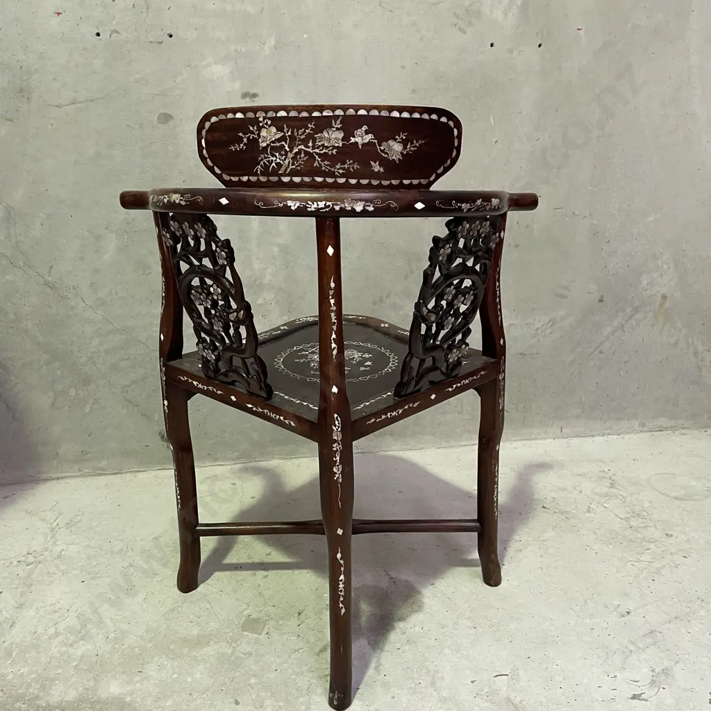 Stunning Chinese Solid Wood Corner Armchair with ornate Carved and Mother of Pearl Detail to front and back. H82 W66 D55 Image 1++