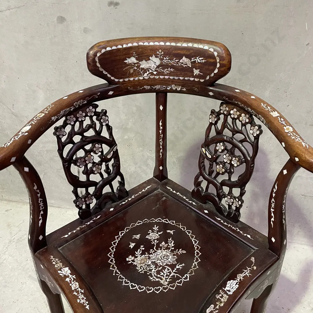Stunning Chinese Solid Wood Corner Armchair with ornate Carved and Mother of Pearl Detail to front and back. H82 W66 D55 Image 1++