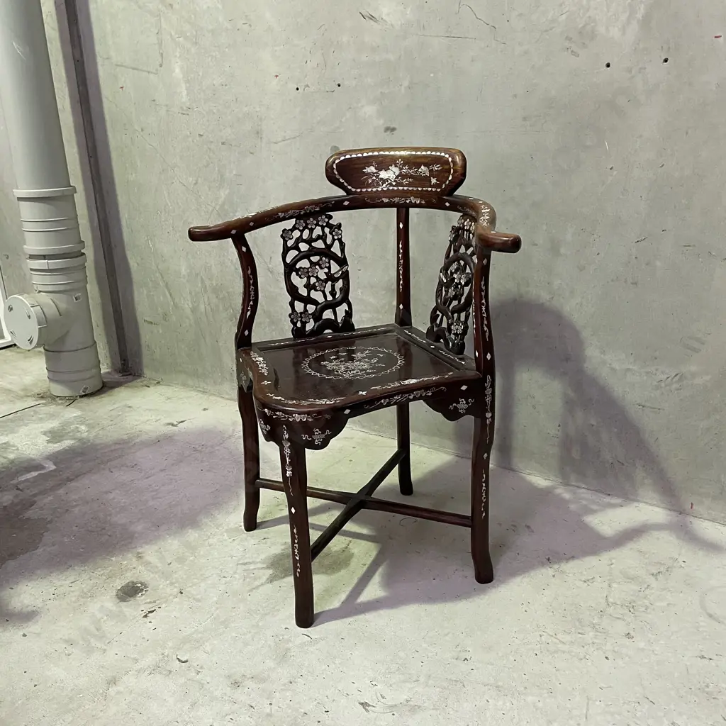 Stunning Chinese Solid Wood Corner Armchair with ornate Carved and Mother of Pearl Detail to front and back. H82 W66 D55 Image 1++