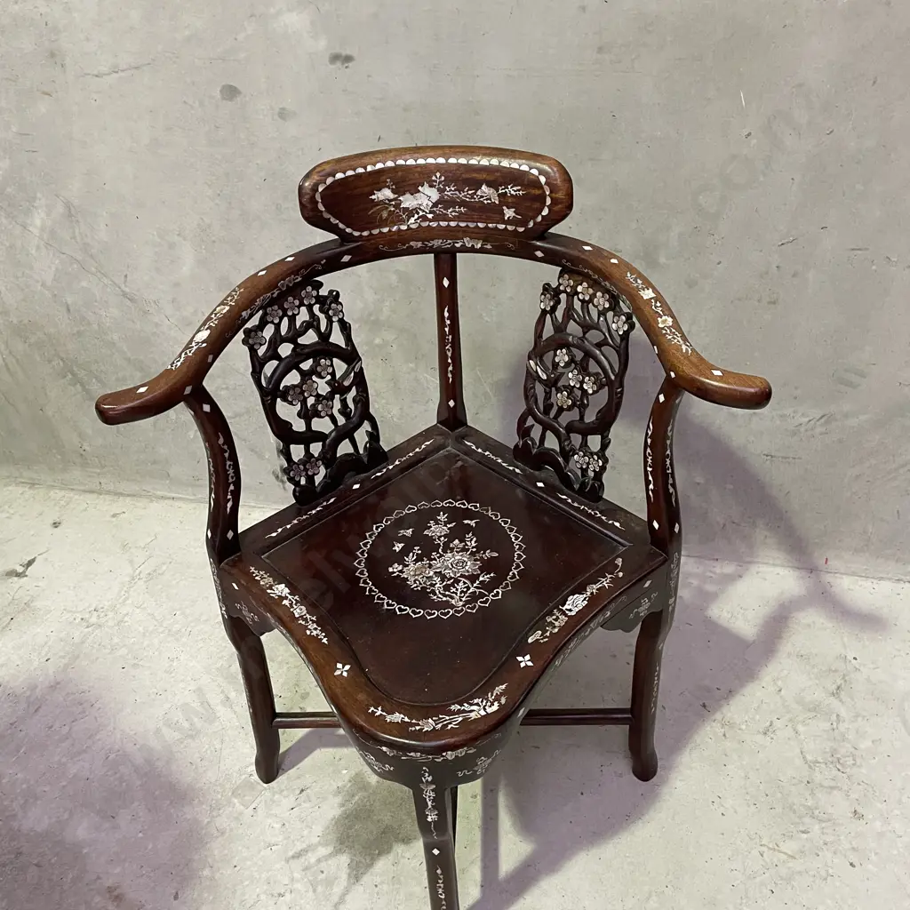 Stunning Chinese Solid Wood Corner Armchair with ornate Carved and Mother of Pearl Detail to front and back. H82 W66 D55 Image 1++