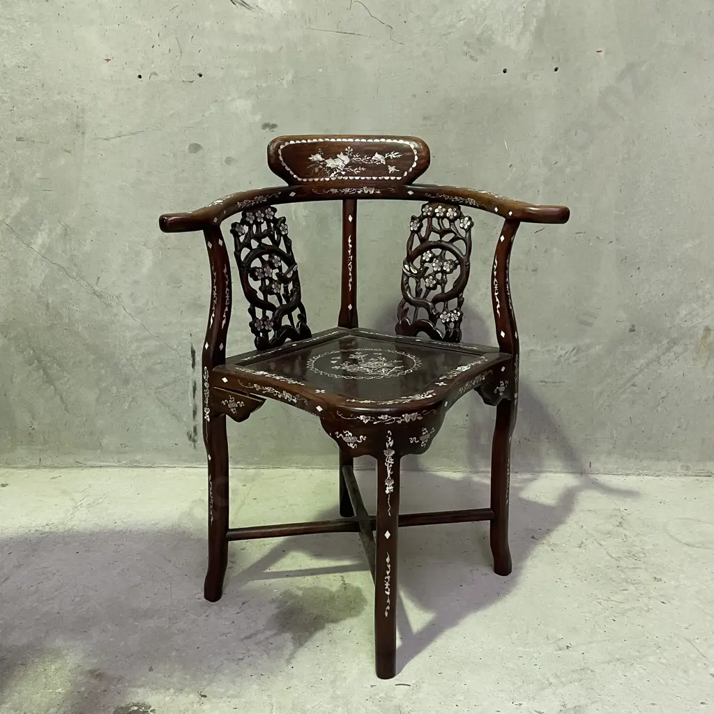 Stunning Chinese Solid Wood Corner Armchair with ornate Carved and Mother of Pearl Detail to front and back. H82 W66 D55 Image 1++