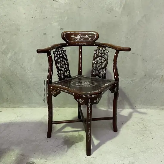 Stunning Chinese Solid Wood Corner Armchair with ornate Carved and Mother of Pearl Detail to front and back. H82 W66 D55