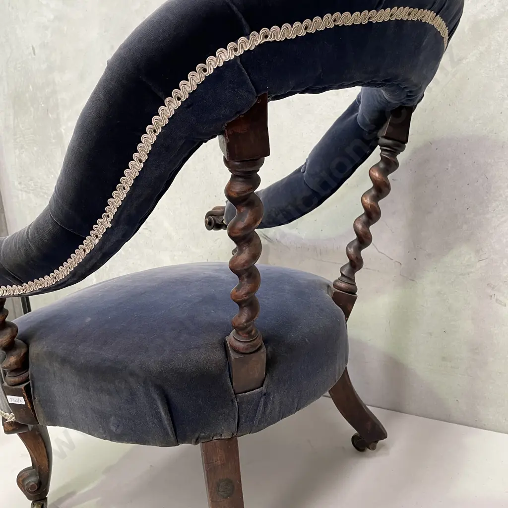 Antique Tub Chair. Carved barley twist pillar back, buttoned royal blue velvet fabric. Original castors Image 1++