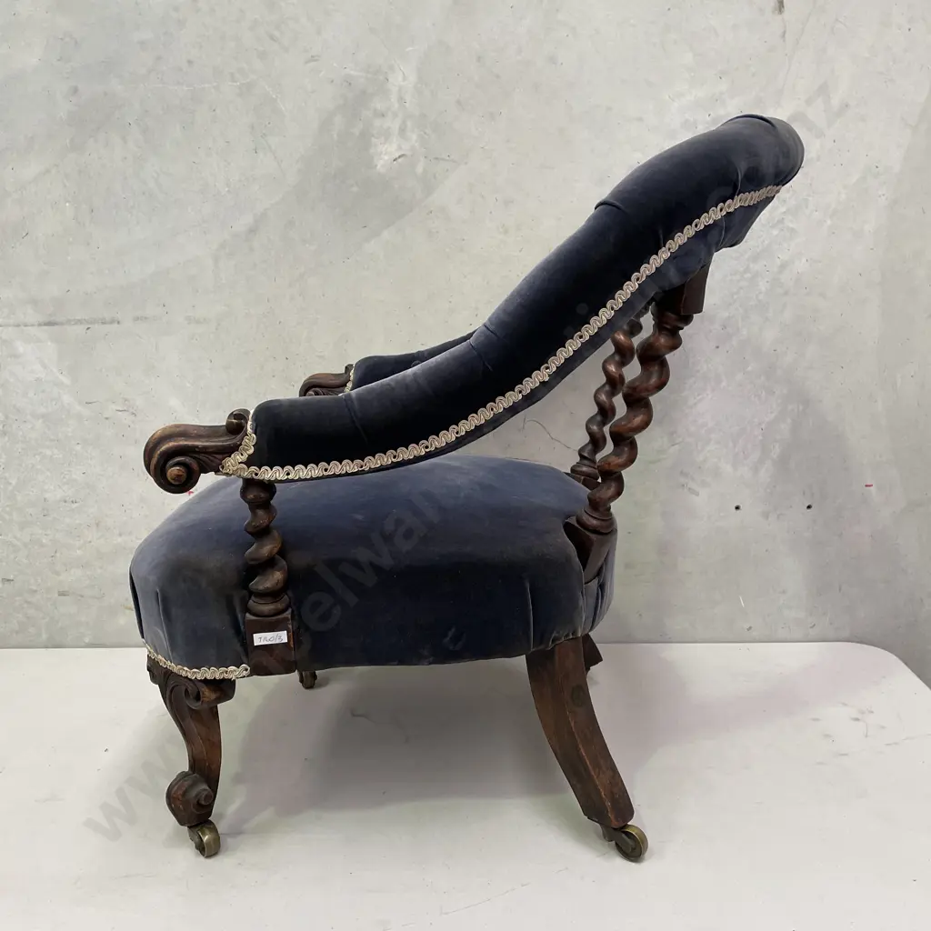 Antique Tub Chair. Carved barley twist pillar back, buttoned royal blue velvet fabric. Original castors Image 1++