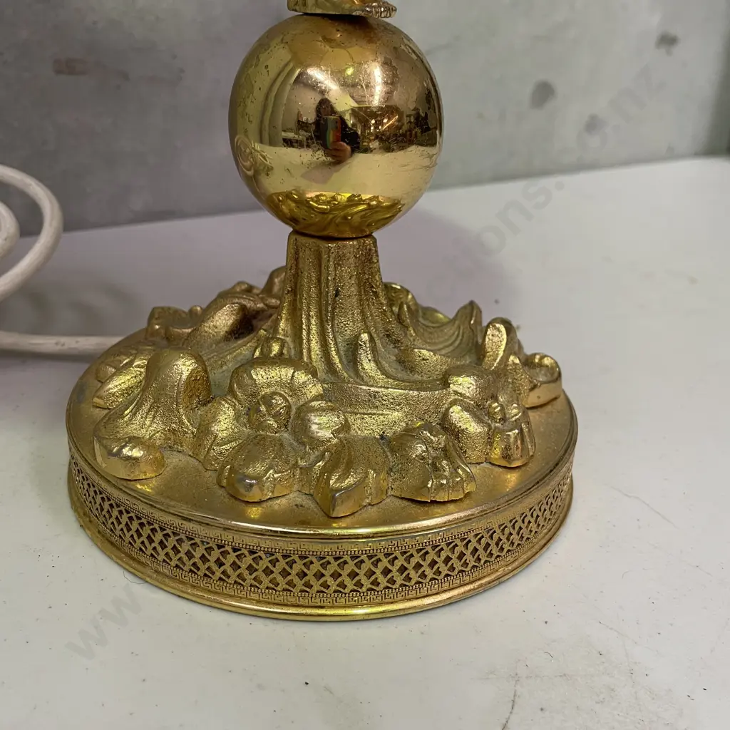 Vintage Ornate Gilded Brass and hobnail style glass table lamp with cream fabric tassled shade. Working. Full H70cm Image 1++