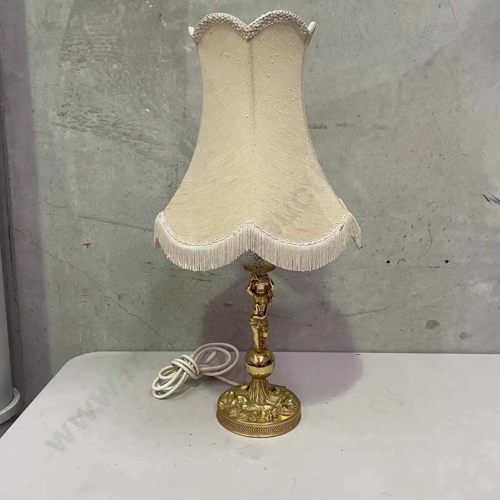Vintage Ornate Gilded Brass and hobnail style glass table lamp with cream fabric tassled shade. Working. Full H70cm Image 1++