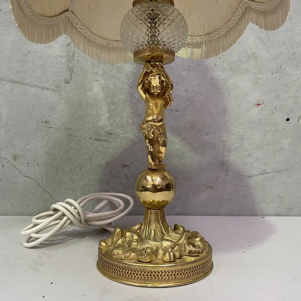 Vintage Ornate Gilded Brass and hobnail style glass table lamp with cream fabric tassled shade. Working. Full H70cm Image 1++