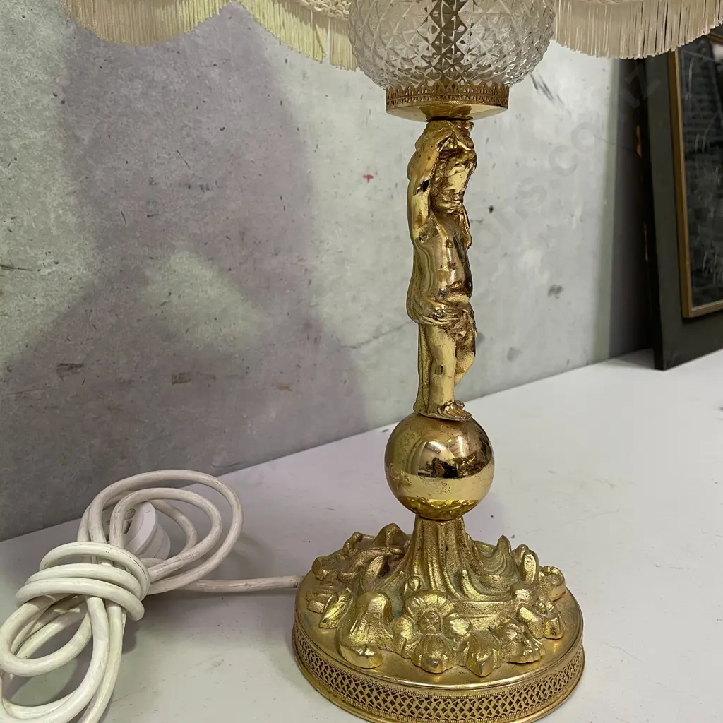Vintage Ornate Gilded Brass and hobnail style glass table lamp with cream fabric tassled shade. Working. Full H70cm Image 1++