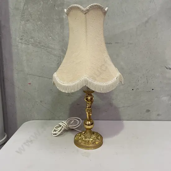 Vintage Ornate Gilded Brass and hobnail style glass table lamp with cream fabric tassled shade. Working. Full H70cm