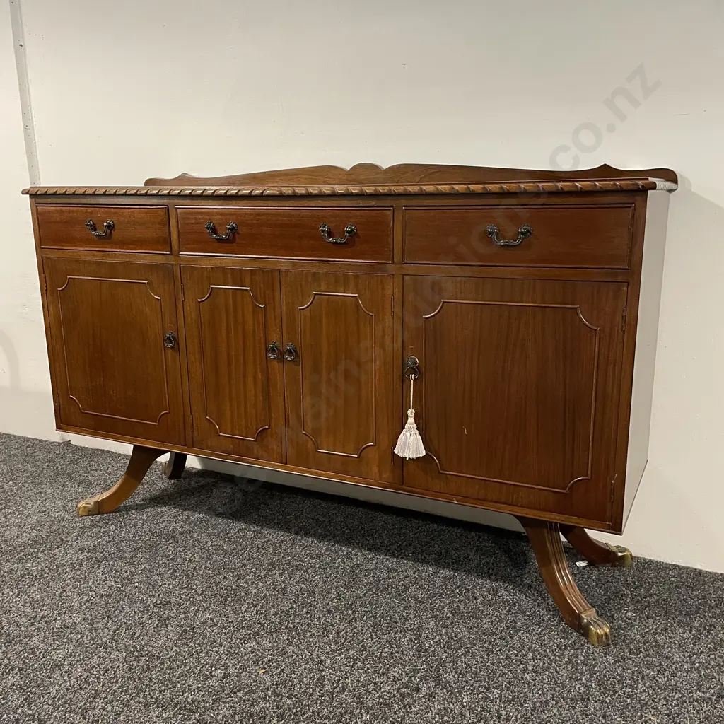  Antique Solid Mahogany Sideboard. 3 drawer (middle cutlery) 3 door, original handles, internal shelves. Brass Claw feet Image 1++
