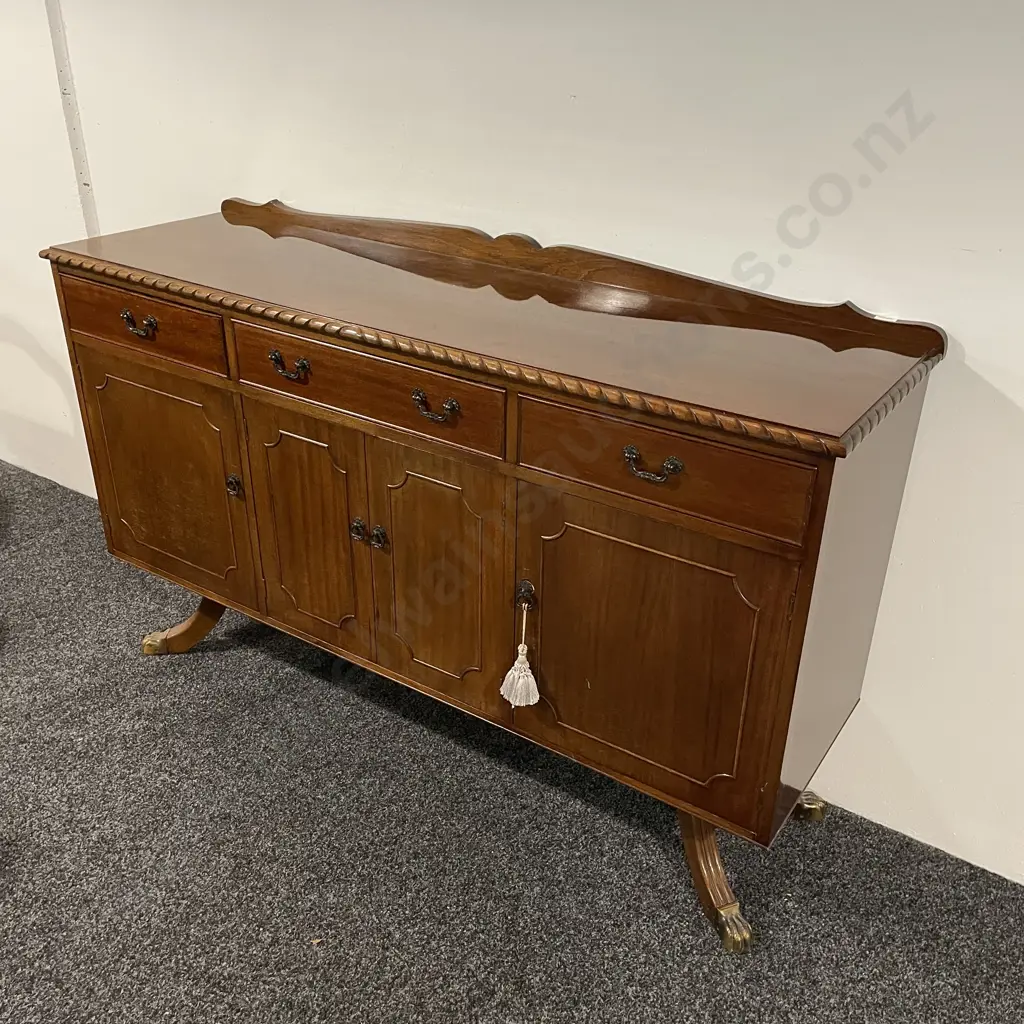  Antique Solid Mahogany Sideboard. 3 drawer (middle cutlery) 3 door, original handles, internal shelves. Brass Claw feet Image 1++