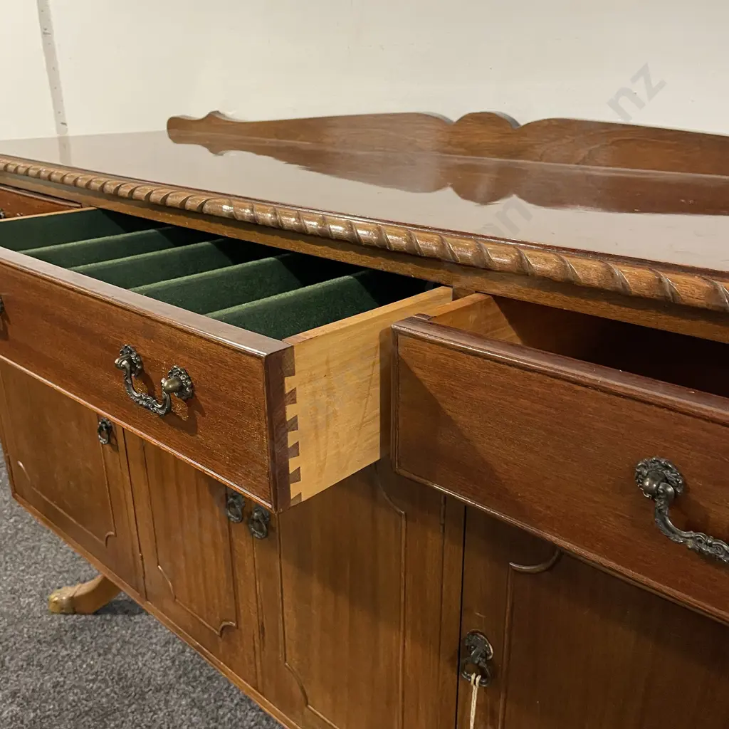  Antique Solid Mahogany Sideboard. 3 drawer (middle cutlery) 3 door, original handles, internal shelves. Brass Claw feet Image 1++